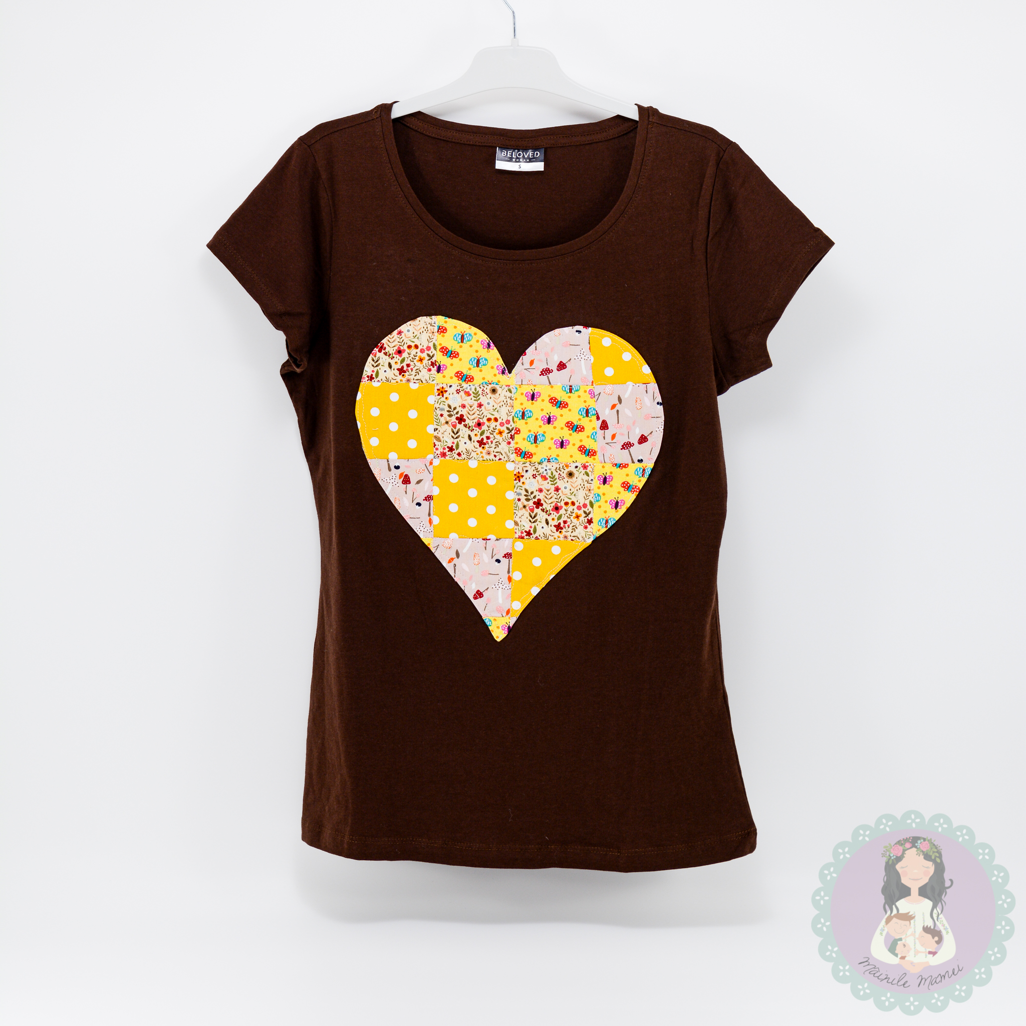 Tricou cu inimă patchwork / inimă aplicată / unicat / maro